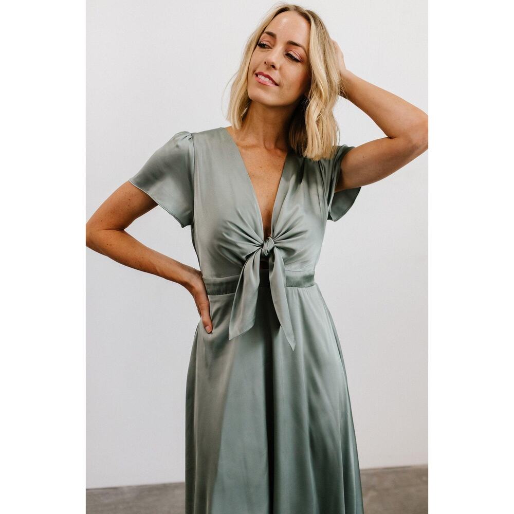 Baltic Born Satin Tie Front Midi Dress Sage Green Flutter Sleeve Size M - Picture 3 of 16
